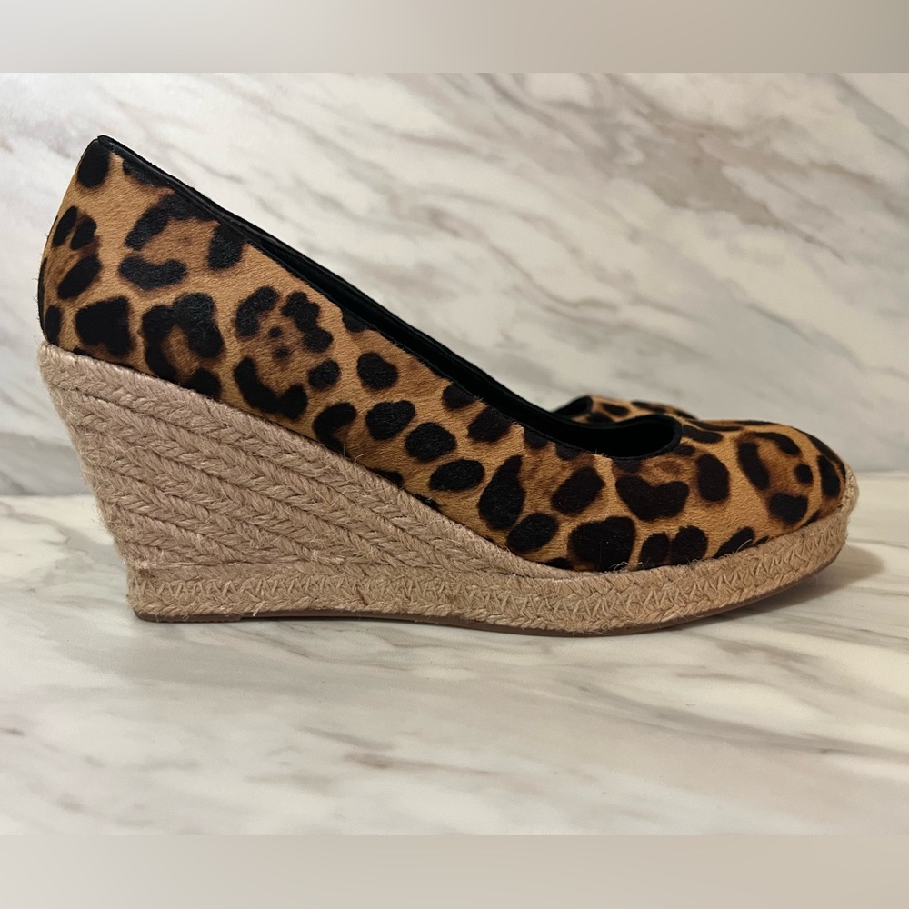 J. Crew leopard print, calf hair, Seville wedge espadrilles in a size 8.